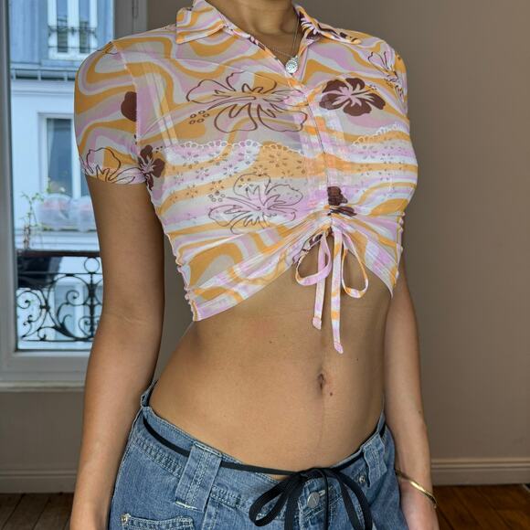 Vintage Italian Y2K Ruch Tropical Print Mesh Crop Top (S) - Picture 4 of 6